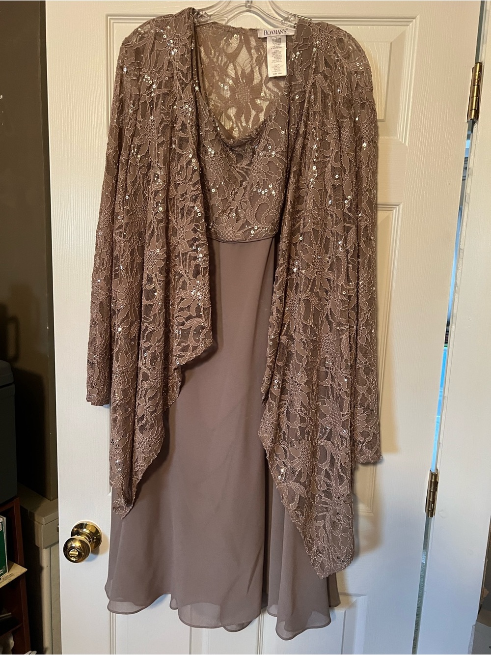 Roaman's Taupe Lace Beaded Dress with Matching Jacket